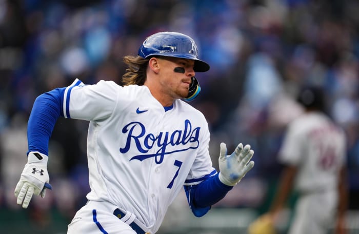 Apr 7, 2022; Kansas City, Missouri, USA; Kansas City Royals third baseman Bobby Witt Jr. (7) runs to first base after hitting a go-ahead RBI double during the eighth inning against the Cleveland Guardians at Kauffman Stadium. Mandatory Credit: Jay Biggerstaff-USA TODAY Sports